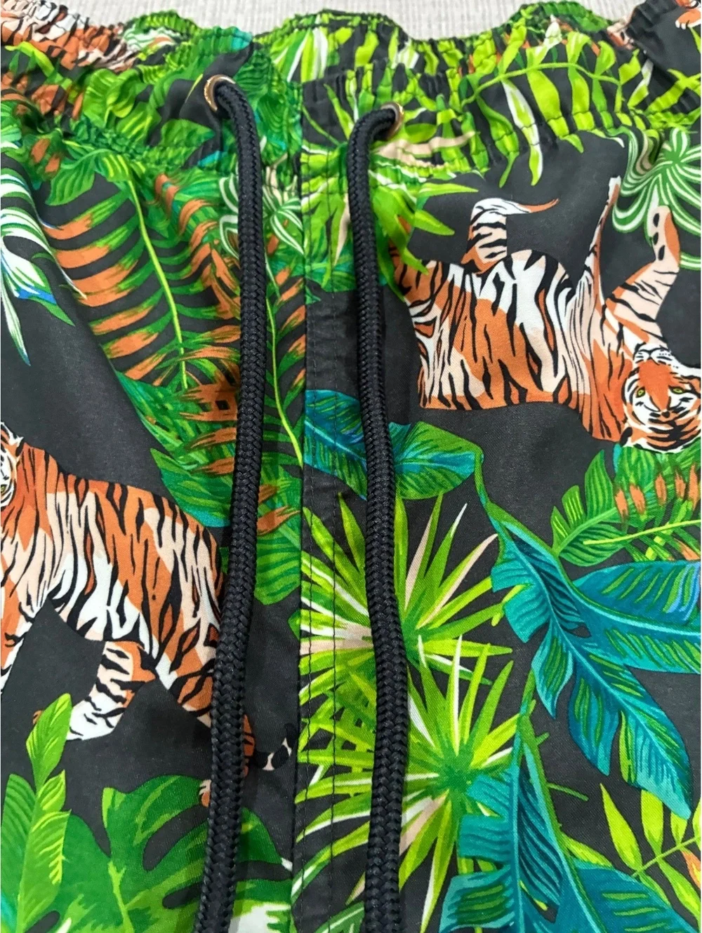 Men's Tropical Tiger Print Swim Trunks with Drawstring Waist